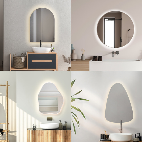 더타일 노프레임 LED 간접 조명 벽걸이 거울 욕실 원형 물결 사각 화장대 민경